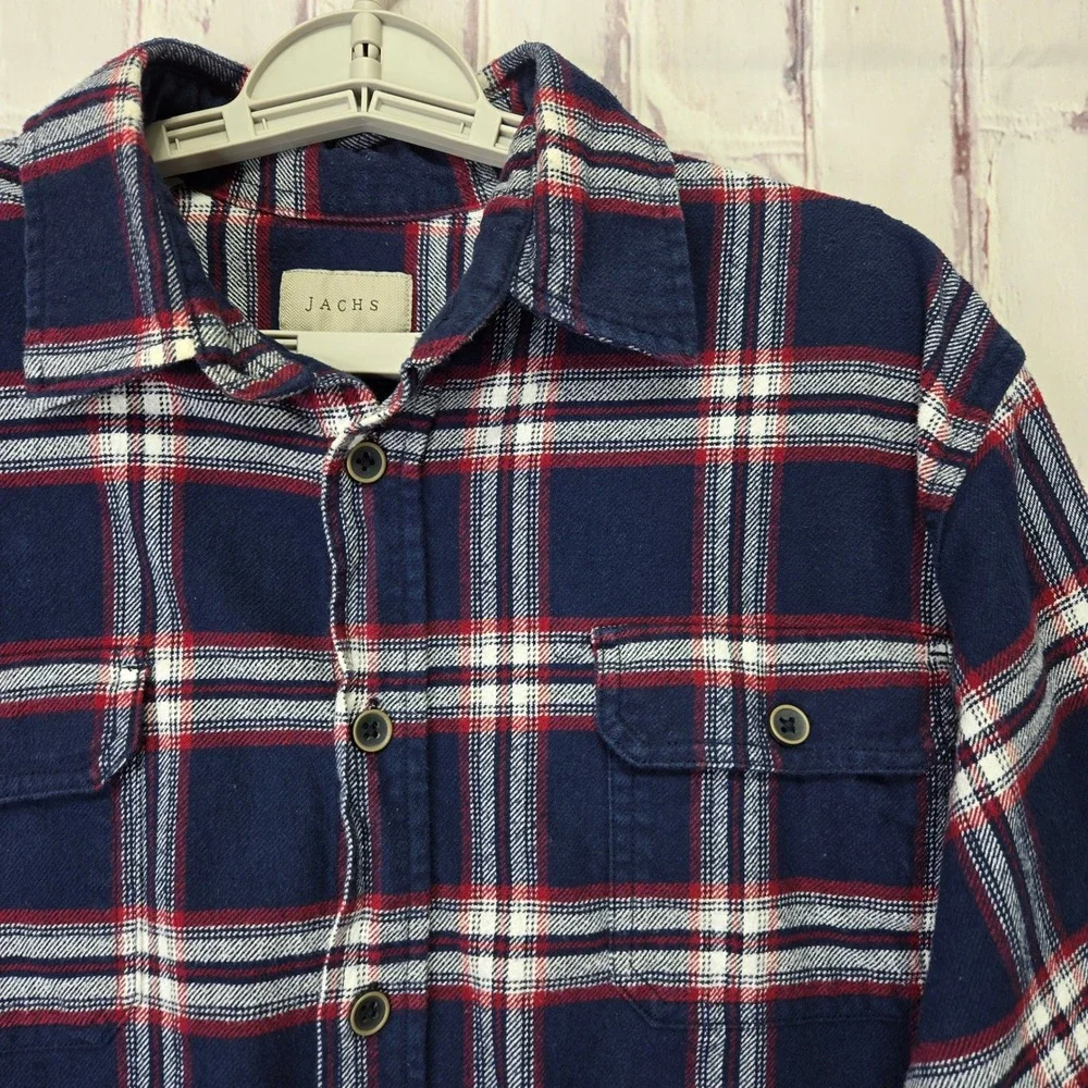 Jachs‎ NY Mens Flannel Shirt Large Navy Blue Red White Plaid Button Down Cotton